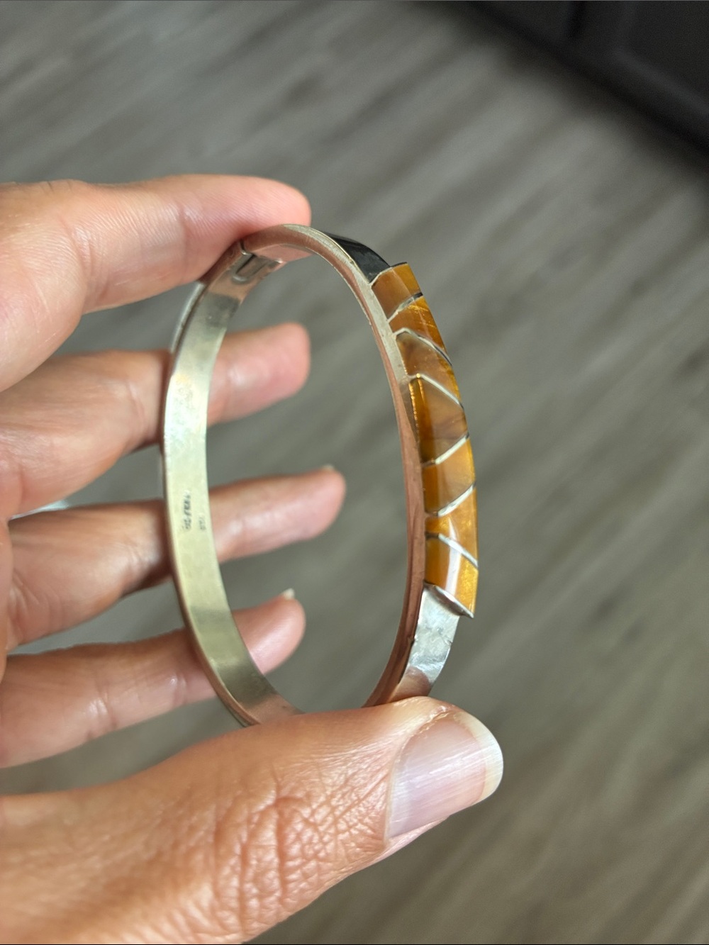 Vintage Taxco Sterling Silver Tiger Eye Hinge Bangle Bracelet